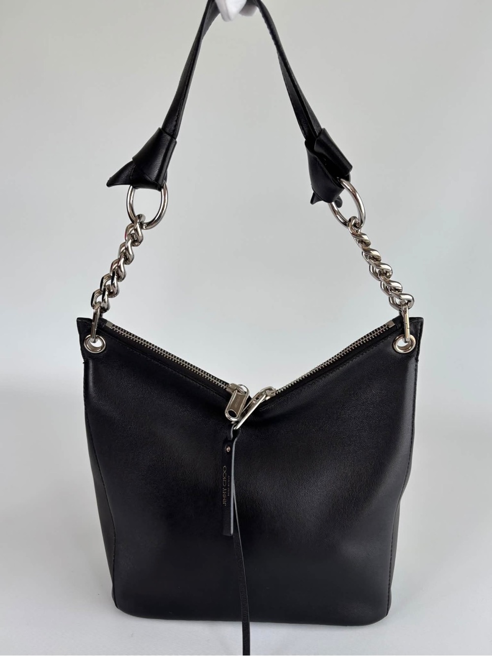 Black Leather Shoulder Bag with Silver Chain Strap